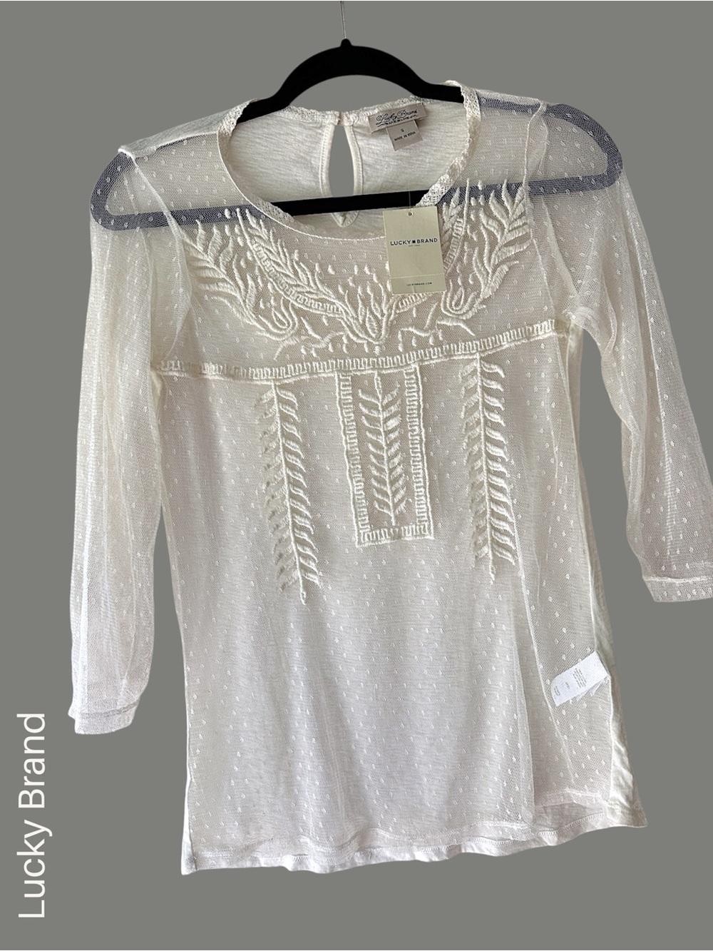 NWT LUCKY BRAND EMBROIDERED LACE TOP SEMI-SHEER FRONT SOLID BACK CREAM | SMALL